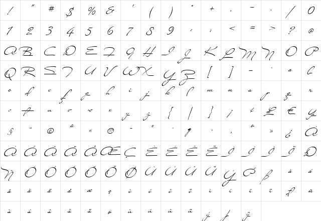 Miss Stanfort Regular  glyph index