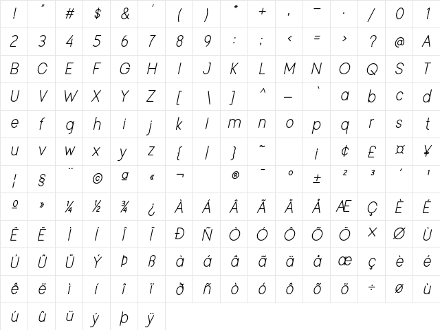 Viminalis Italic  glyph index