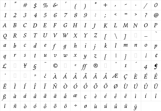 Elysium Book Italic Plain  glyph index