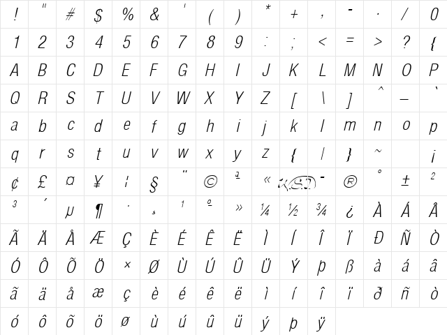 Arena Condensed Light Italic  glyph index