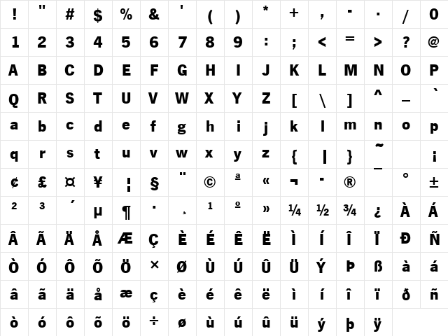 News Gothic Becker Bold  glyph index