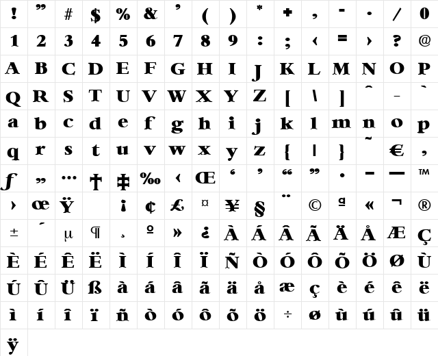 Bernstein-ExtraBold Regular  glyph index