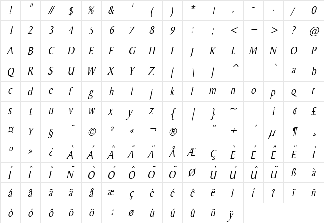 Barrett Condensed Italic  glyph index