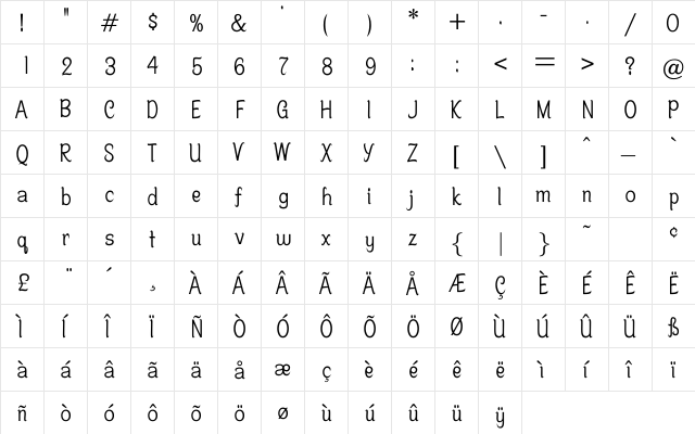 Shonnen Regular  glyph index