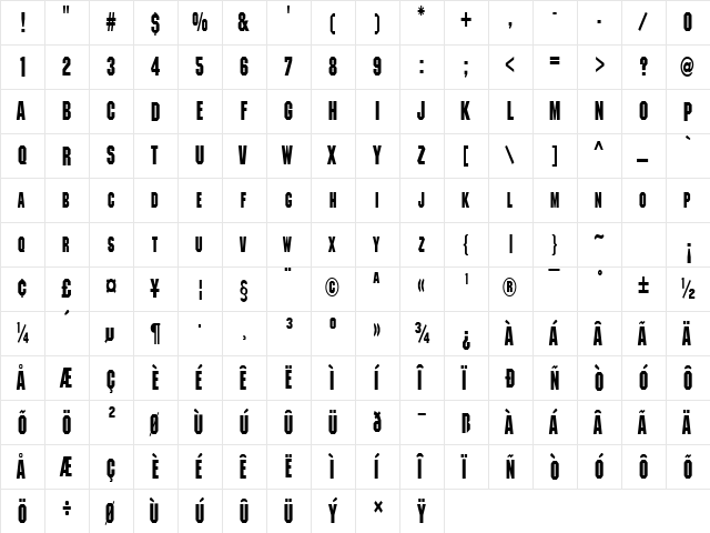 MetalEncasementCondensed Regular  glyph index