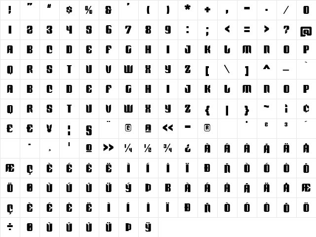 Redford BV Regular  glyph index