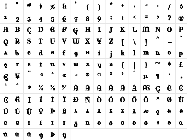 Rina Ink Regular  glyph index