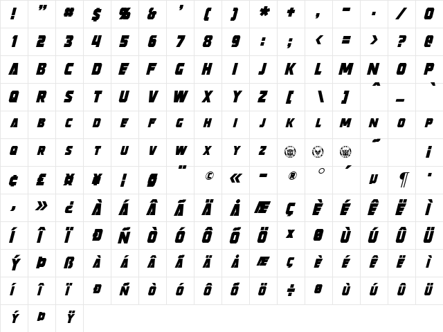 Strongarm Italic  glyph index