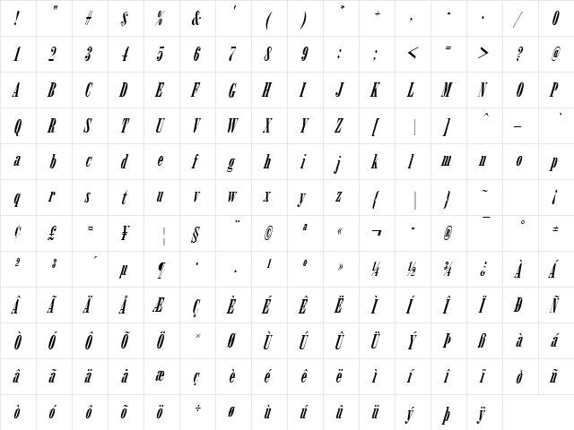 ArsisDReg Italic  glyph index