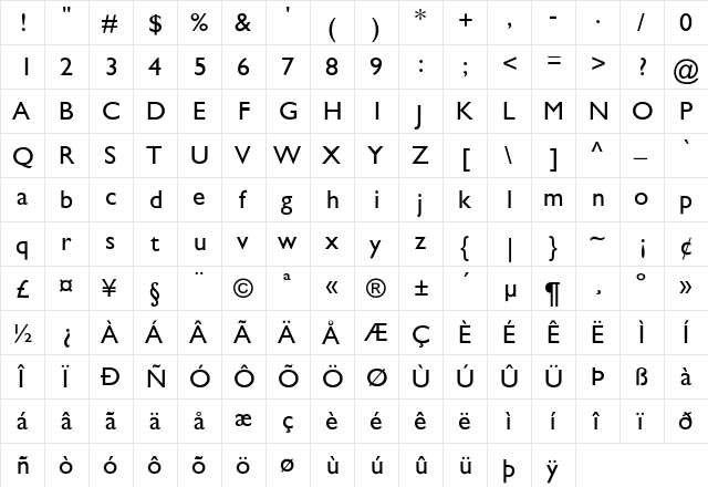 Stimmell Regular  glyph index