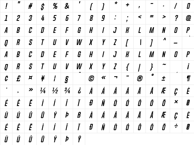 Chosence Bold Italic  glyph index