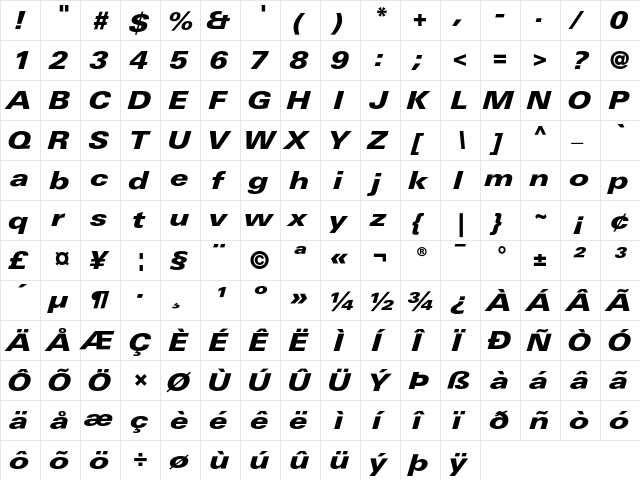 LinotypeUnivers ExtdBlackItalic  glyph index