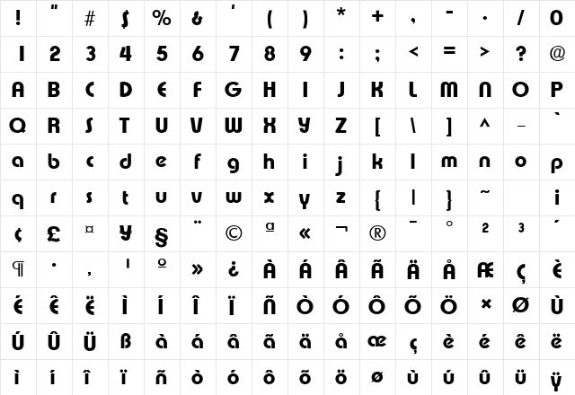 Xpress SF Bold  glyph index