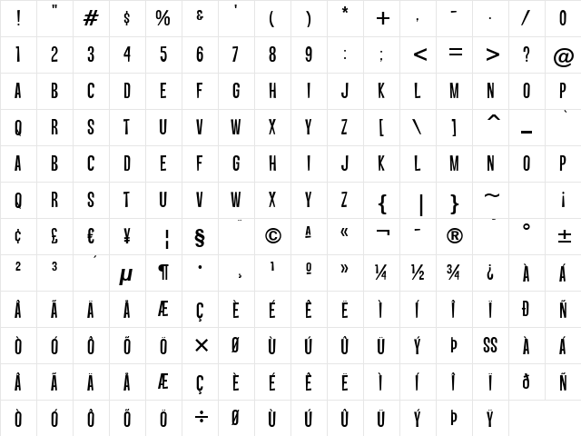 Vanishing Boy BTN Regular  glyph index