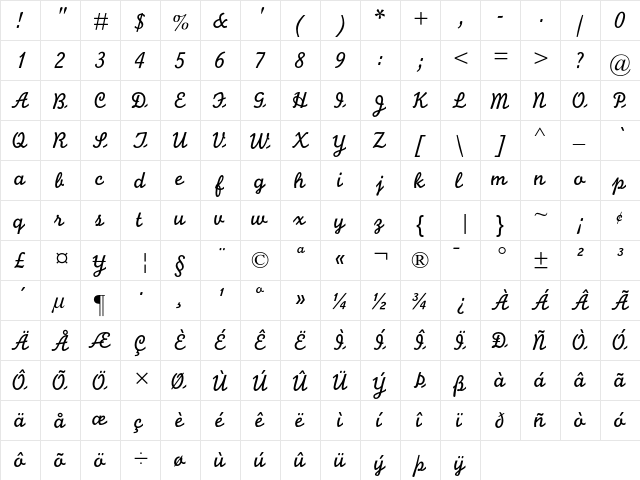 Monoline Script Regular  glyph index