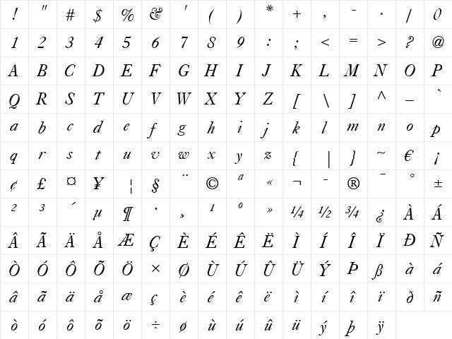 Caslon 540 LT Italic  glyph index