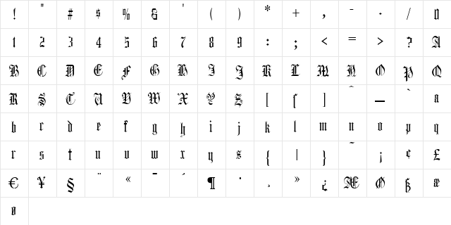 Harrowgate Regular  glyph index