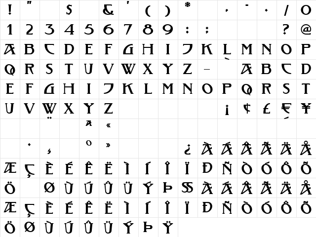 TobaccoRoadNF Regular  glyph index
