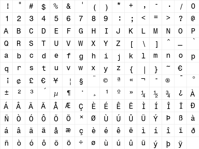 Monospac821 BT Roman  glyph index
