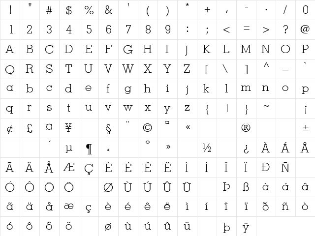 Treaties 8 Regular  glyph index