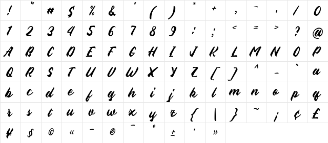 Aliena Regular  glyph index