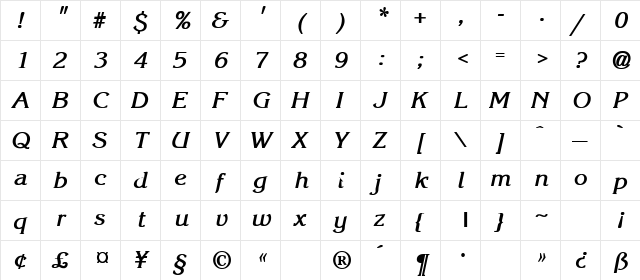 GE Chrome Bold Italic  glyph index