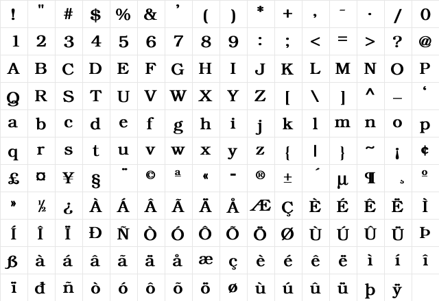 Oakland Bold  glyph index