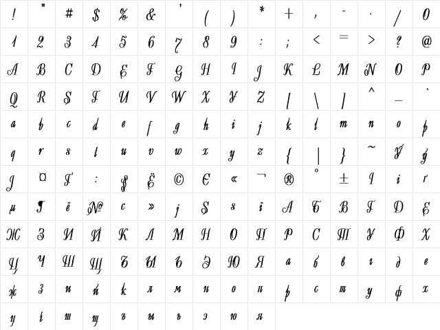 Decor Condensed Bold  glyph index