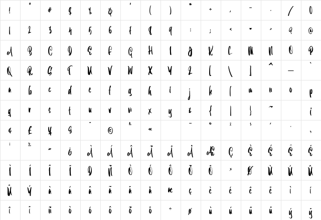 Boogie Shaggy Regular  glyph index
