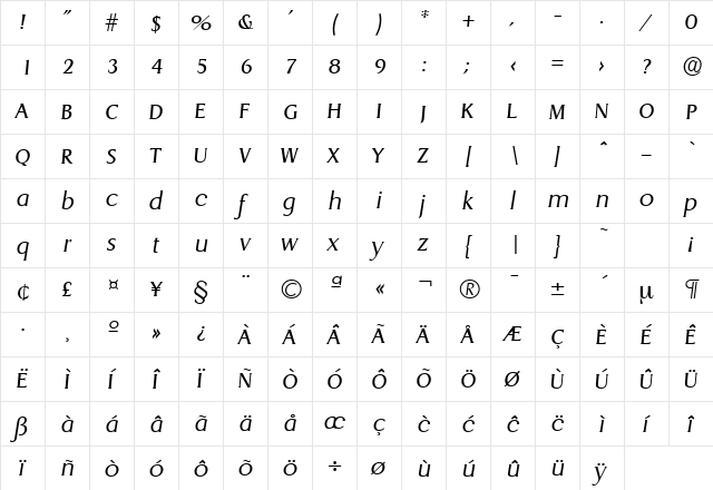 Dragon-Serial-Light RegularItalic  glyph index