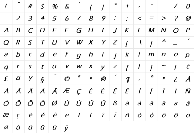 Tili Bold Italic  glyph index