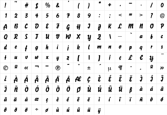 GabrielaBecker Regular  glyph index