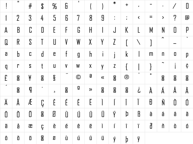 BureauAgency Regular  glyph index