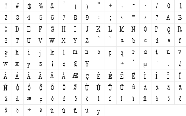 Amarillo Regular  glyph index