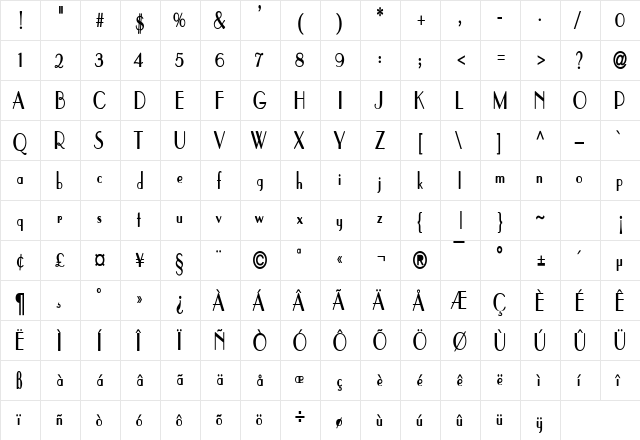 Paris Condensed Bold  glyph index