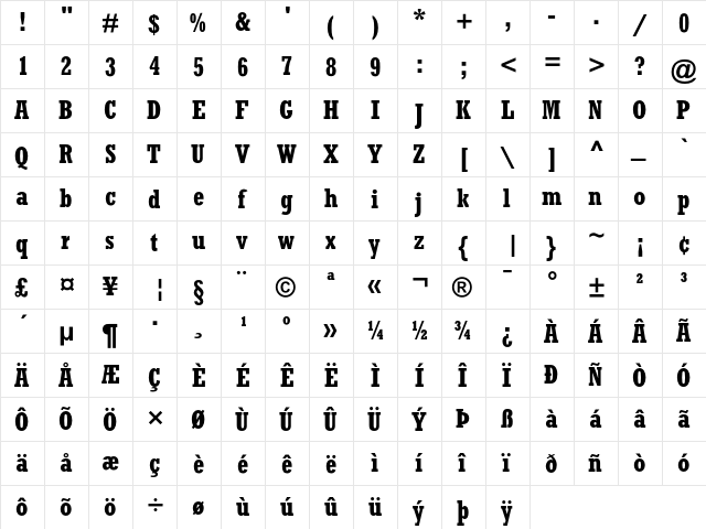Rockwell Bold Condensed  glyph index