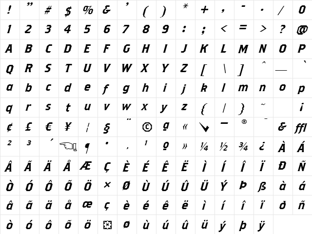 BrothersSuperSlant Regular  glyph index