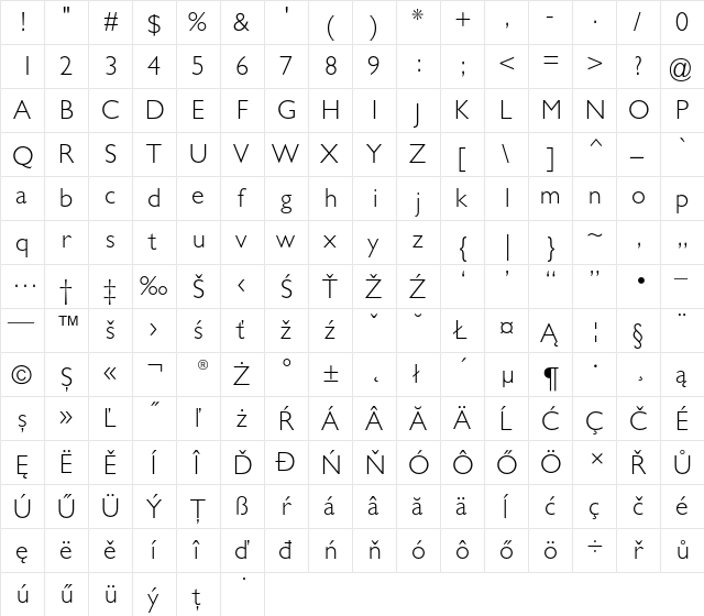 Gill Sans CE Light  glyph index