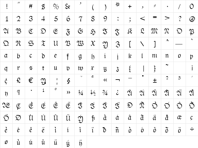 PhederFrack Regular  glyph index