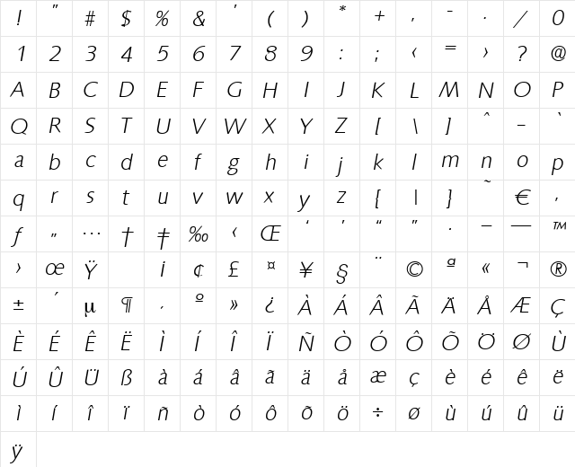 Saxony-LightIta Regular  glyph index