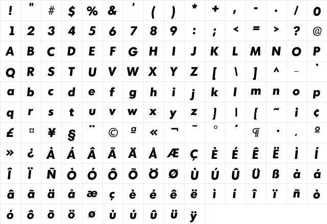 Imontreal Bold  glyph index