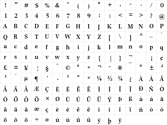 Photina MT Semi Bold Regular  glyph index