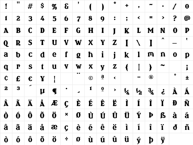 Brasspounder Regular  glyph index