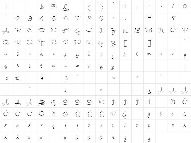 Jiffy Regular  glyph index