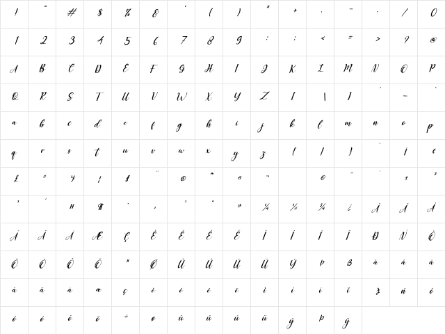 Miss Amalia Italic Regular  glyph index