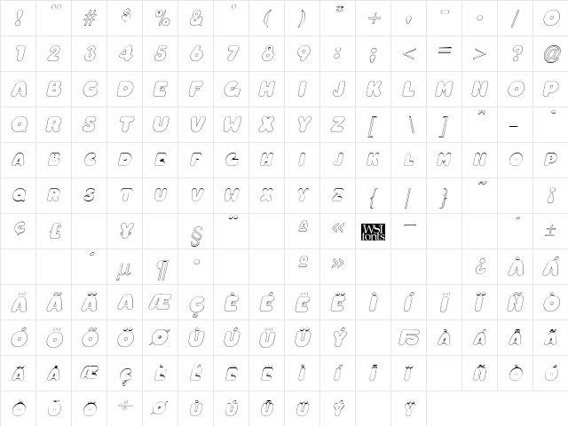 ChubbyOutline Italic  glyph index