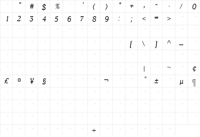ClaremontLtItalTab Roman  glyph index