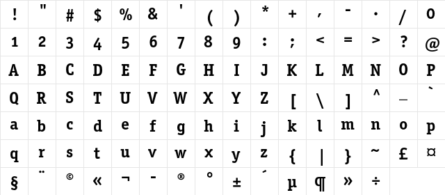 OfficinaSerifBoldOSC Regular  glyph index