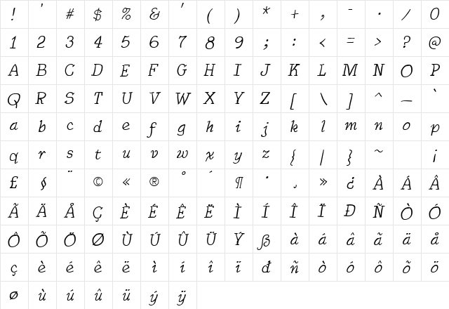 SarahfSlob Italic  glyph index