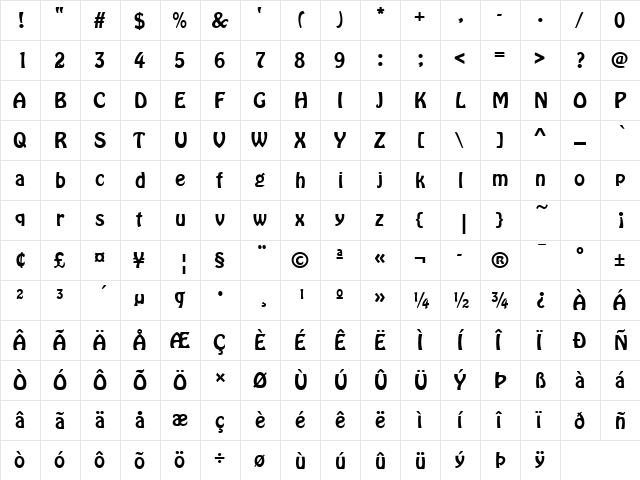 Hobo Regular  glyph index